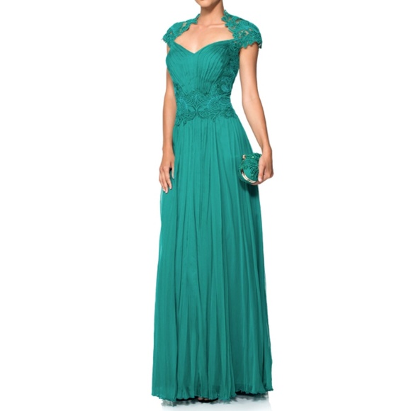 Tadashi Shoji Zardozi Embroidered Green Gown - size zero